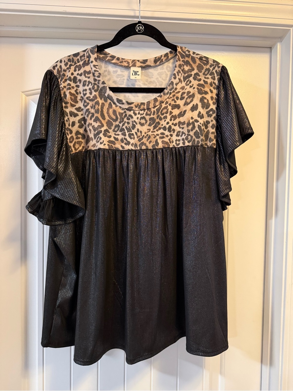 Sew In Love Black Top with Leopard Yoke and Flutter Sleeves